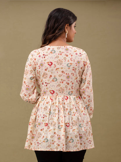 Floral Printed V-Neck Pure Cotton Pleated A-Line Kurti FRKT6294