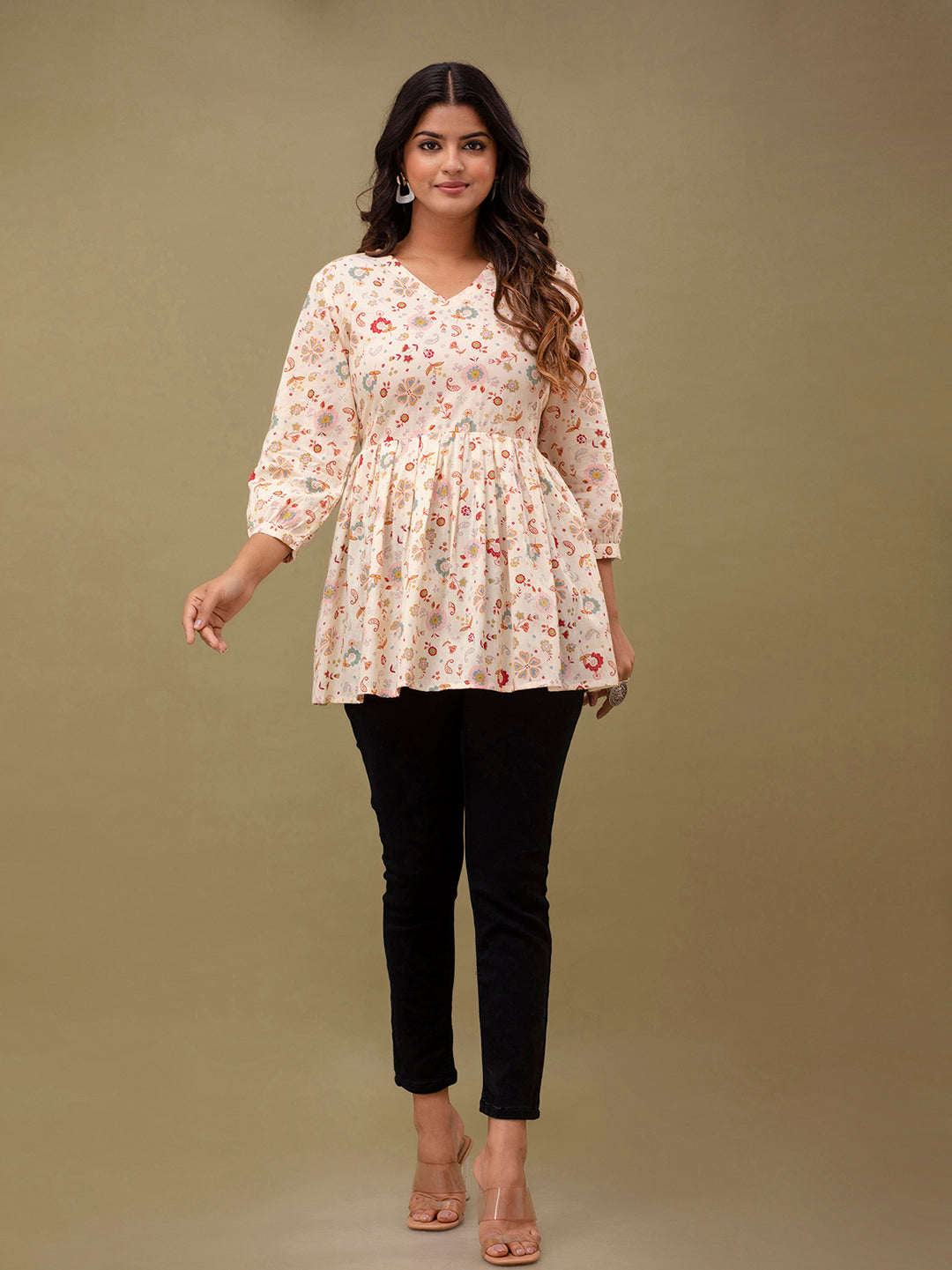 Floral Printed V-Neck Pure Cotton Pleated A-Line Kurti FRKT6294