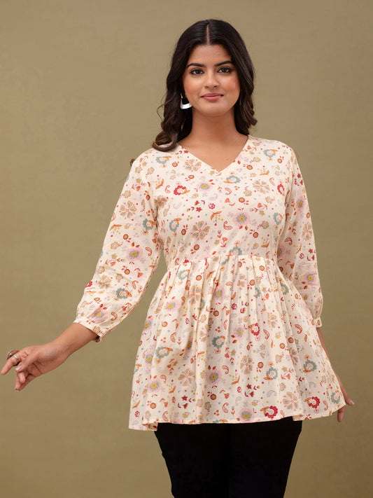 Floral Printed V-Neck Pure Cotton Pleated A-Line Kurti FRKT6294