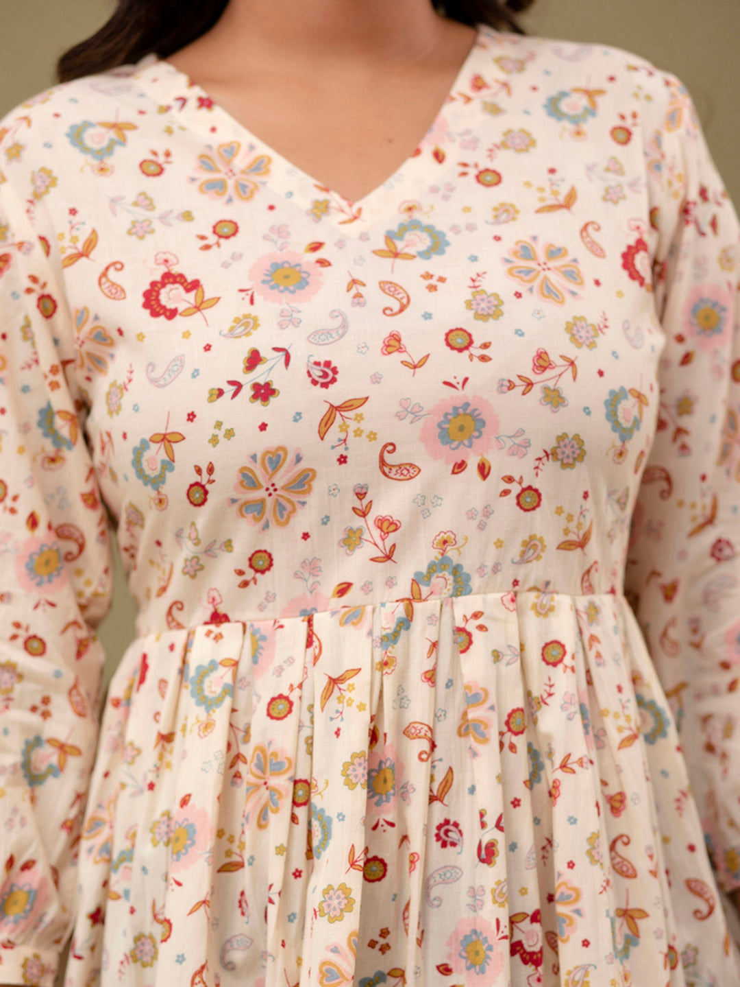 Floral Printed V-Neck Pure Cotton Pleated A-Line Kurti FRKT6294
