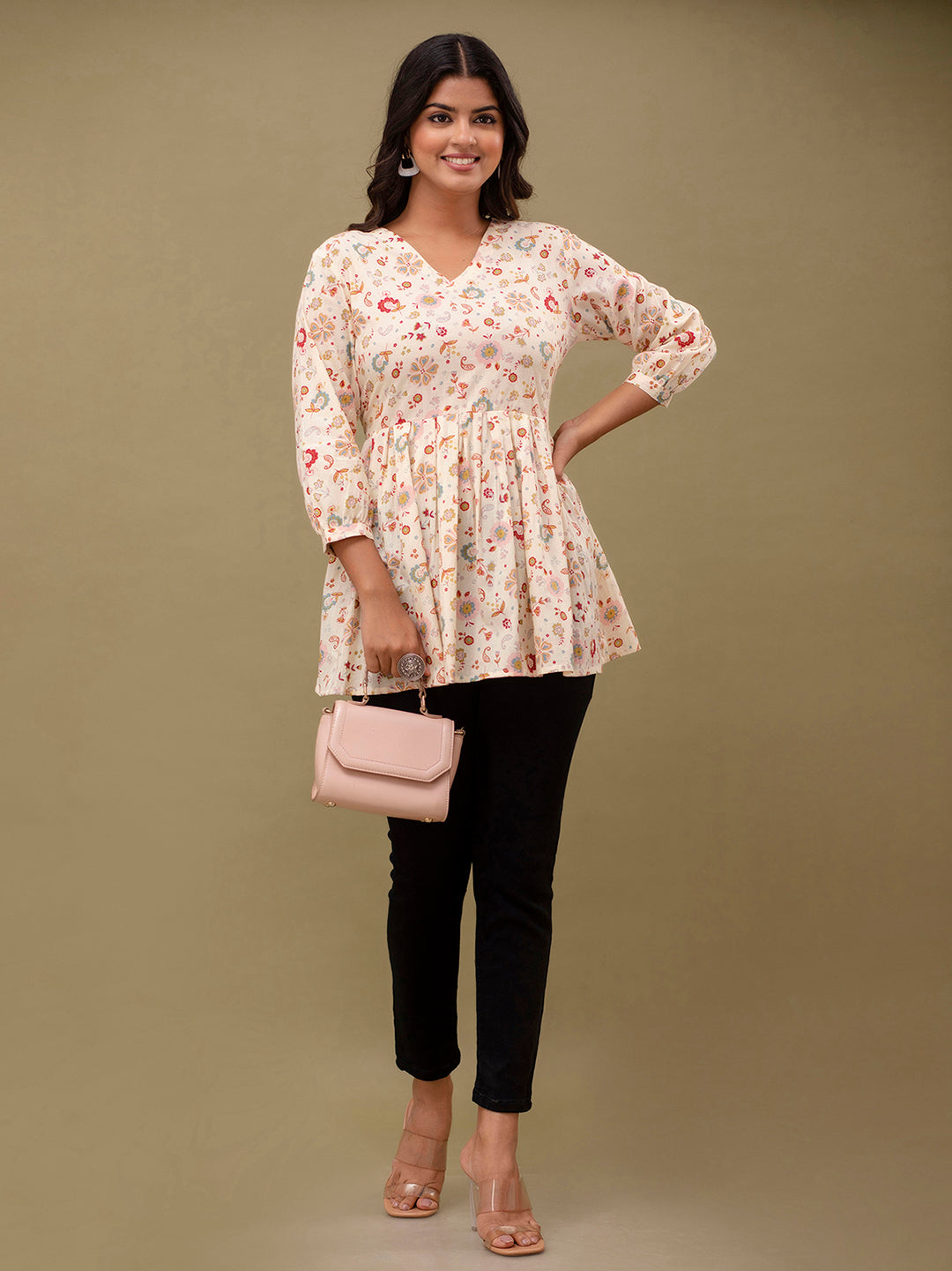 Floral Printed V-Neck Pure Cotton Pleated A-Line Kurti FRKT6294