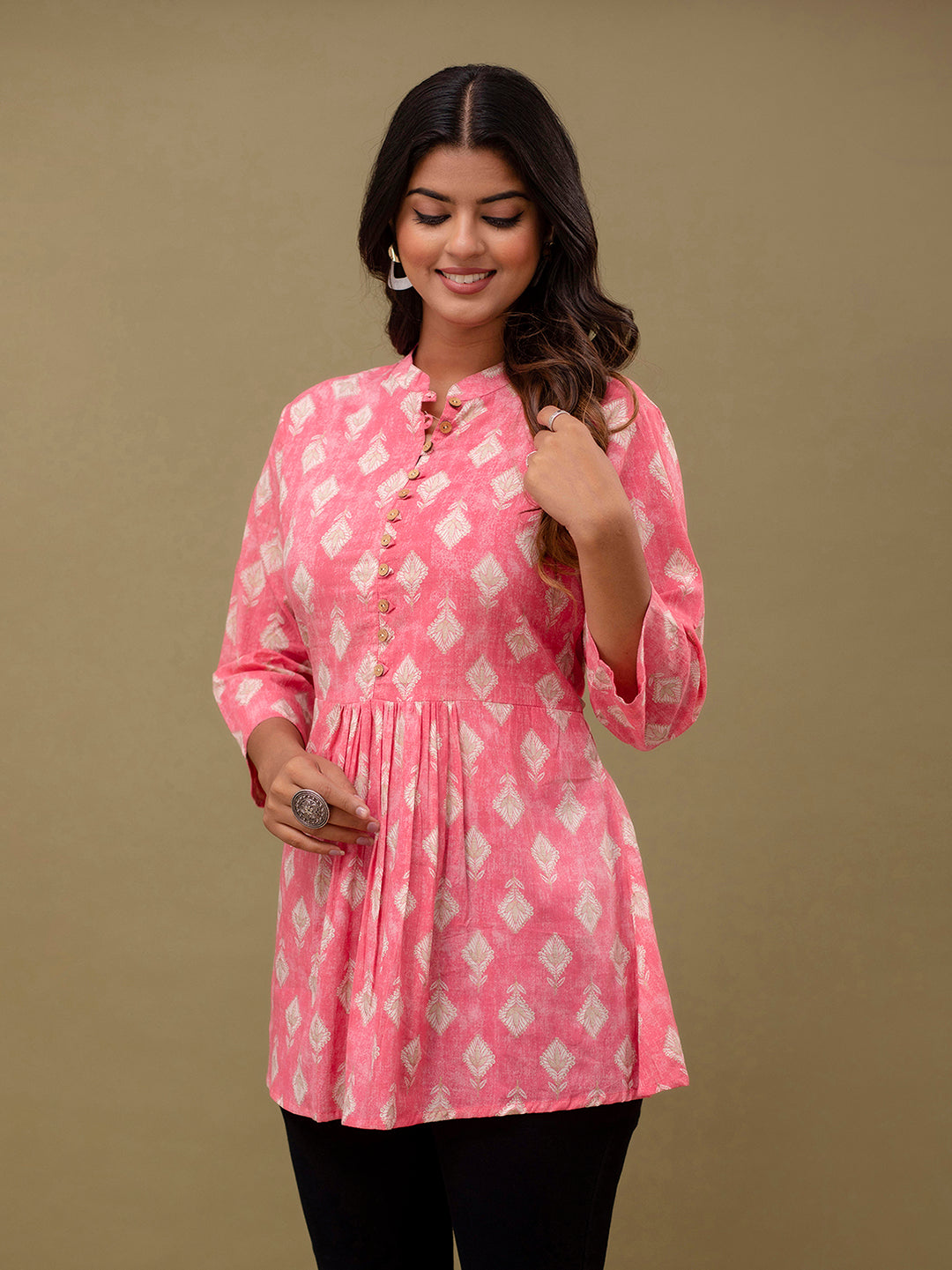 Floral Printed Pure Cotton Pleated A-Line Kurti FRKT6231