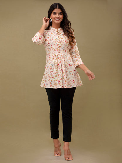 Floral Printed Pure Cotton Pleated A-Line Kurti FRKT6232