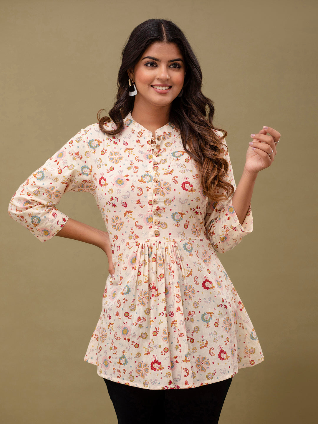 Floral Printed Pure Cotton Pleated A-Line Kurti FRKT6232
