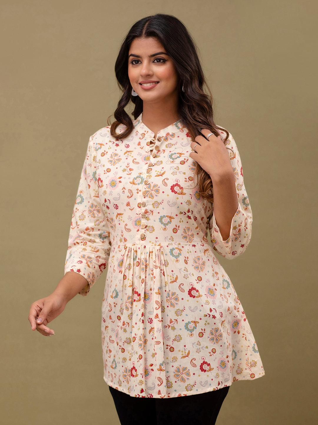 Floral Printed Pure Cotton Pleated A-Line Kurti FRKT6232