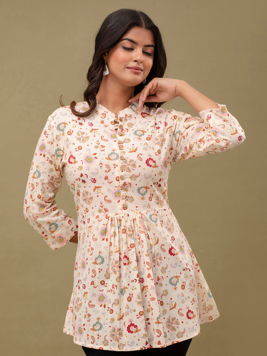 Floral Printed Pure Cotton Pleated A-Line Kurti FRKT6232