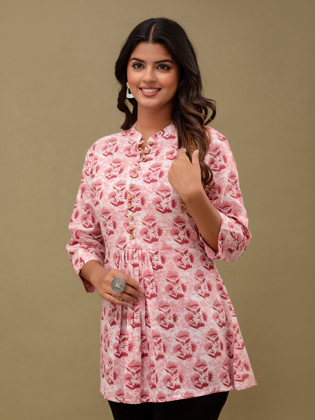 Floral Printed Pure Cotton Pleated A-Line Kurti FRKT6233
