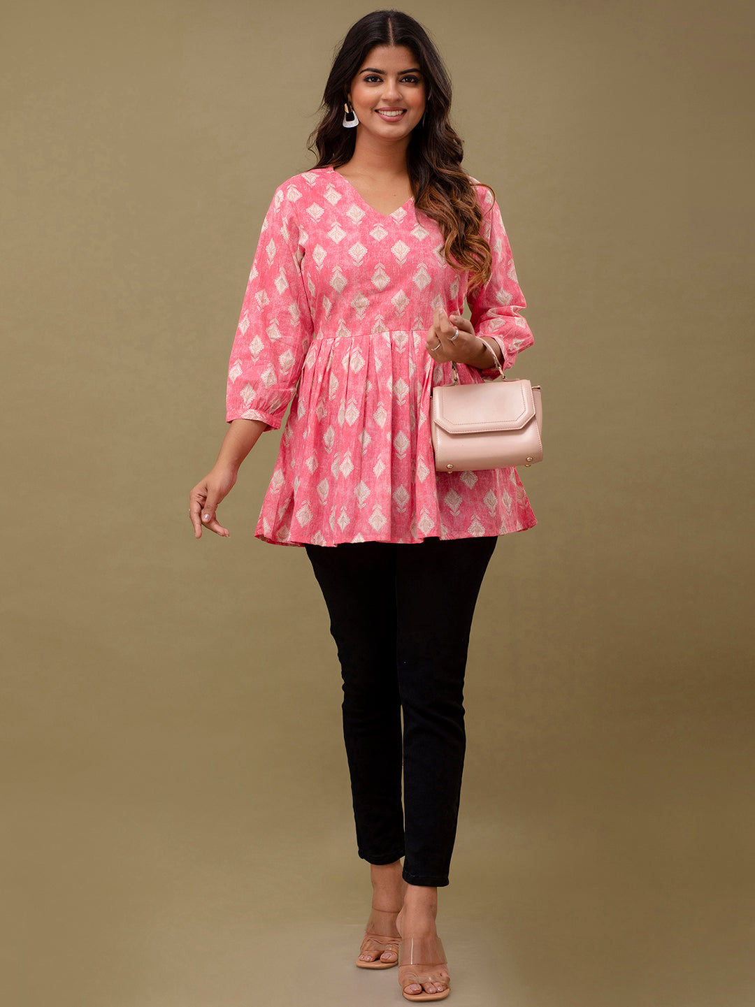 Floral Printed V-Neck Pure Cotton Pleated A-Line Kurti FRKT6295