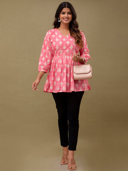 Floral Printed V-Neck Pure Cotton Pleated A-Line Kurti FRKT6295