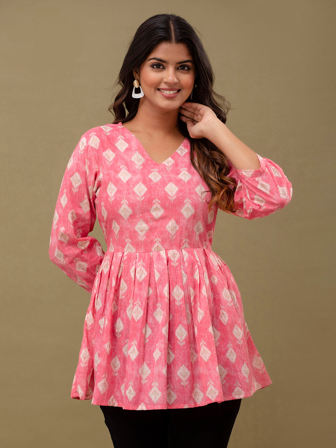 Floral Printed V-Neck Pure Cotton Pleated A-Line Kurti FRKT6295