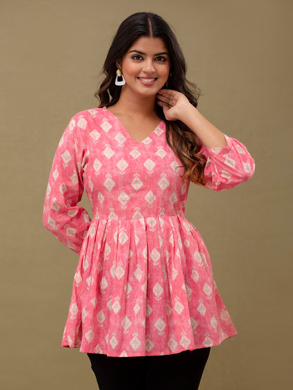 Floral Printed V-Neck Pure Cotton Pleated A-Line Kurti FRKT6295