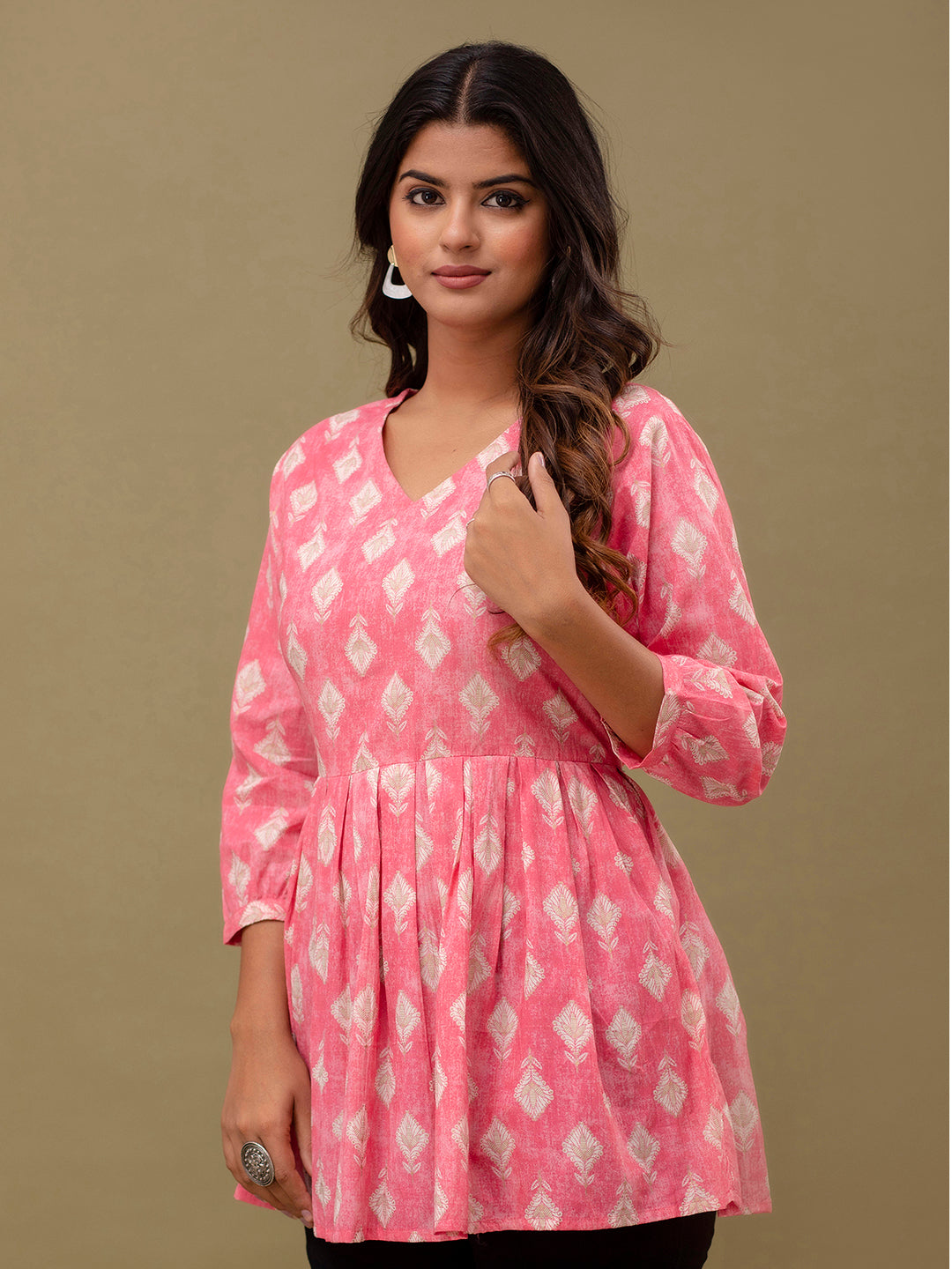 Floral Printed V-Neck Pure Cotton Pleated A-Line Kurti FRKT6295