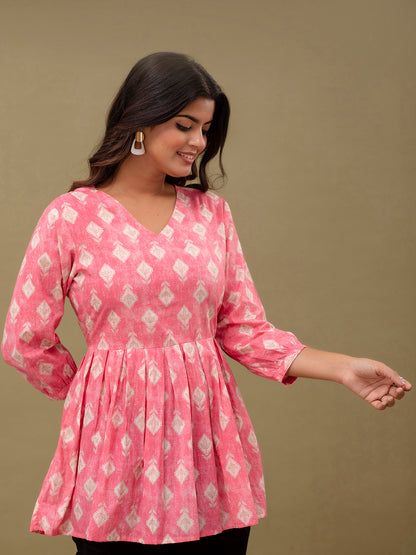 Floral Printed V-Neck Pure Cotton Pleated A-Line Kurti FRKT6295