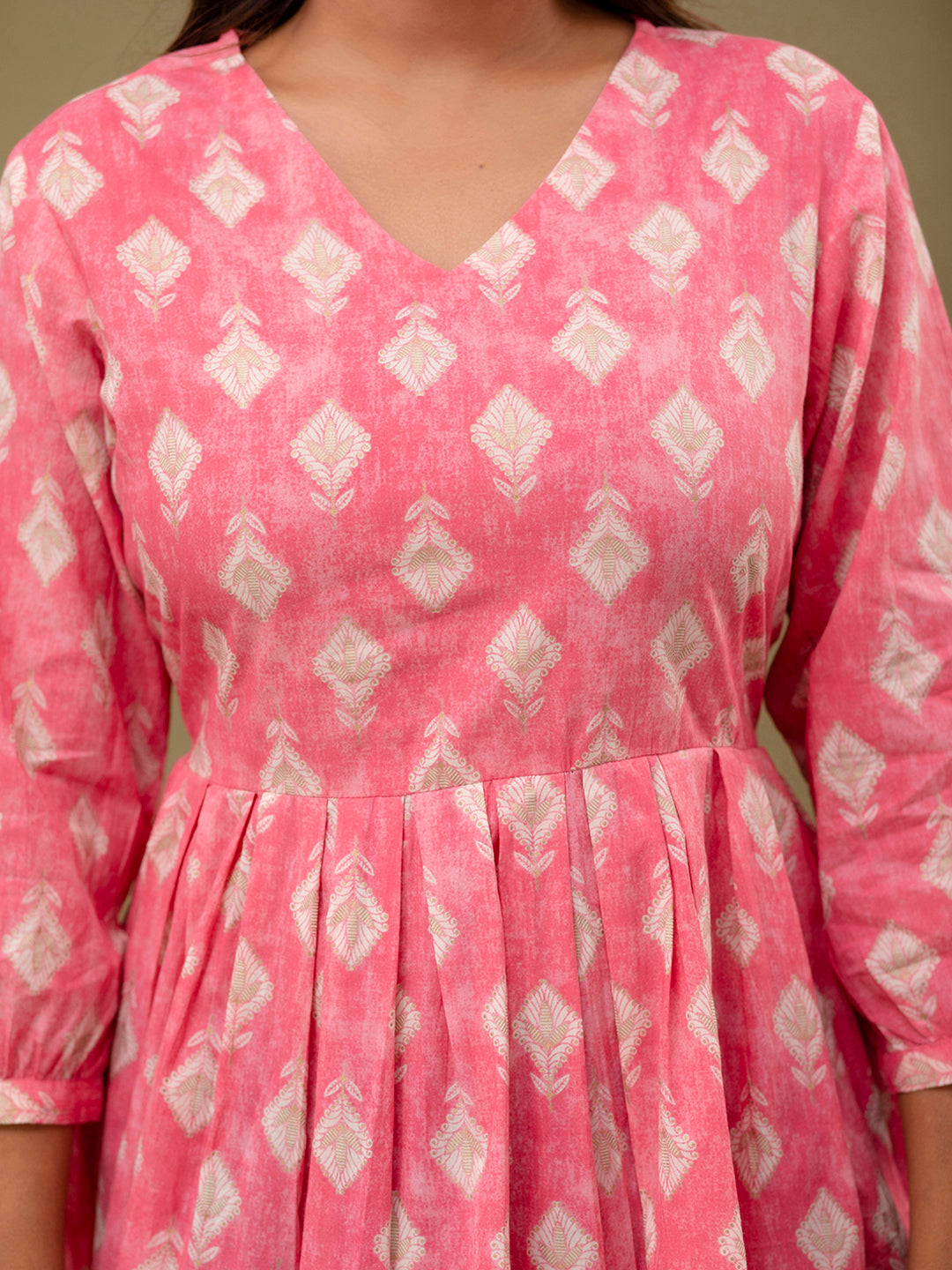 Floral Printed V-Neck Pure Cotton Pleated A-Line Kurti FRKT6295