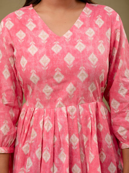Floral Printed V-Neck Pure Cotton Pleated A-Line Kurti FRKT6295