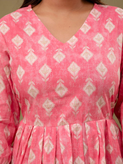 Floral Printed V-Neck Pure Cotton Pleated A-Line Kurti FRKT6295