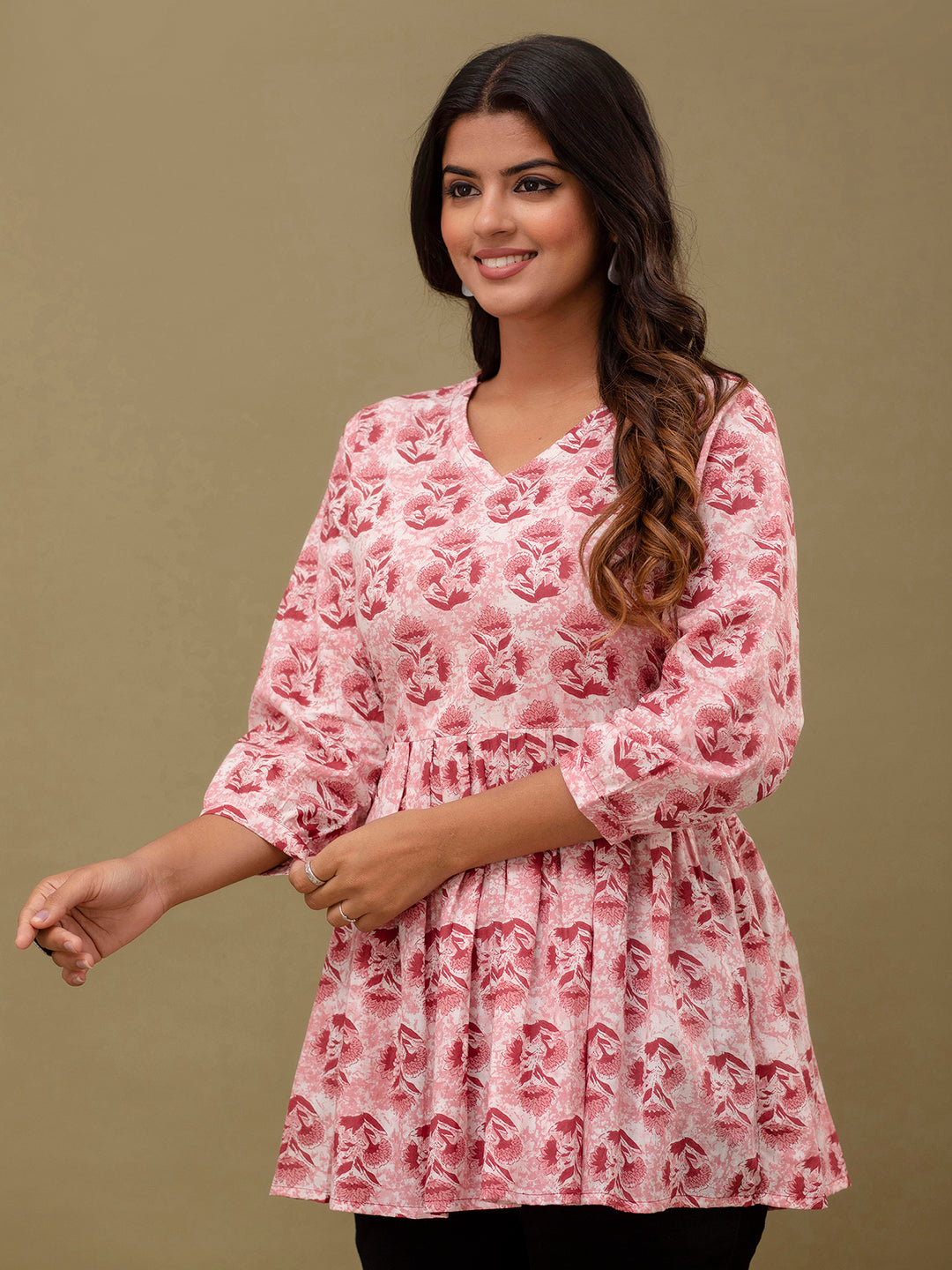 Floral Printed V-Neck Pure Cotton Pleated A-Line Kurti FRKT6296