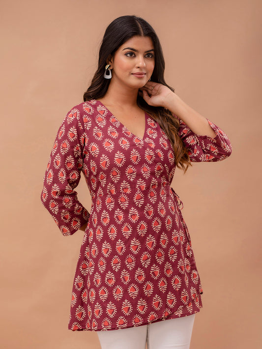 Floral Printed V-Neck Pure Cotton Angrakha A-Line Kurti FRKT6275