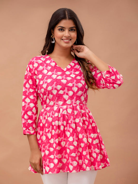 Floral Printed V-Neck Pure Cotton Pleated A-Line Kurti FRKT6297