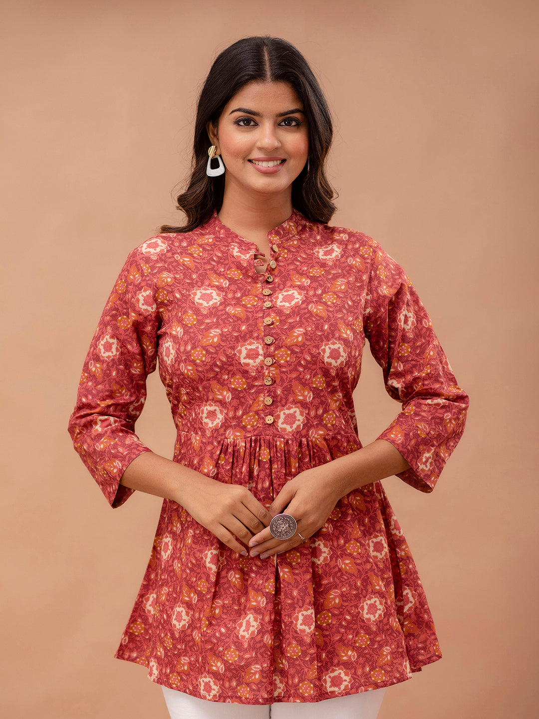 Floral Printed Pure Cotton Pleated A-Line Kurti FRKT6234