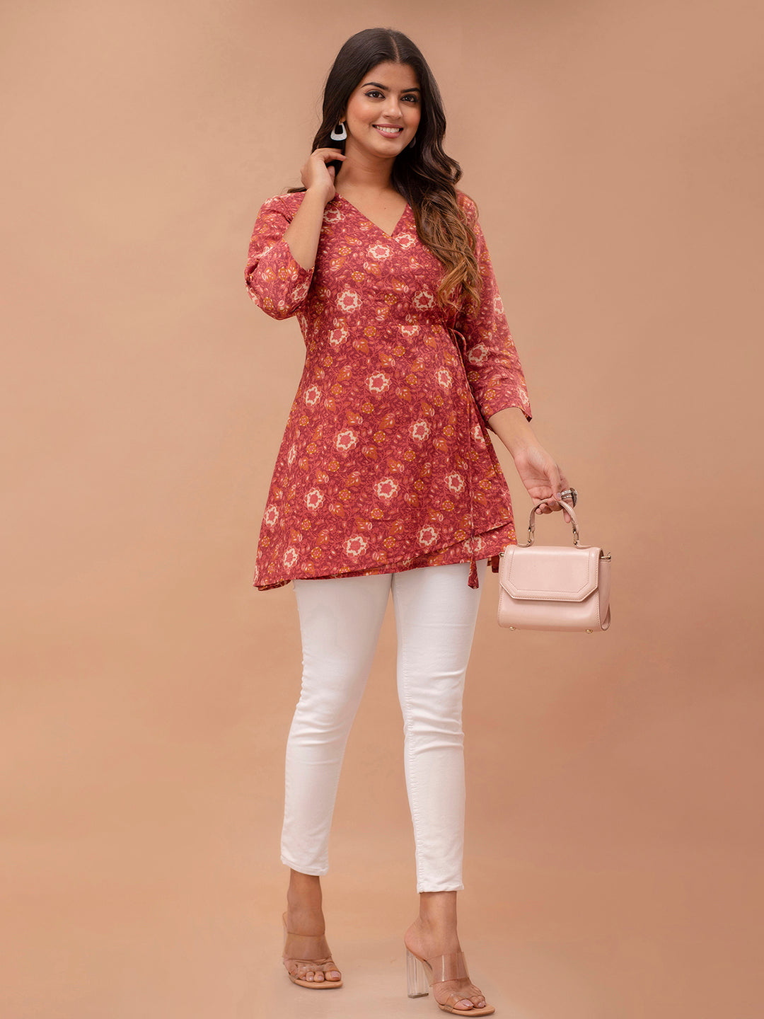 Floral Printed V-Neck Pure Cotton Angrakha A-Line Kurti FRKT6276