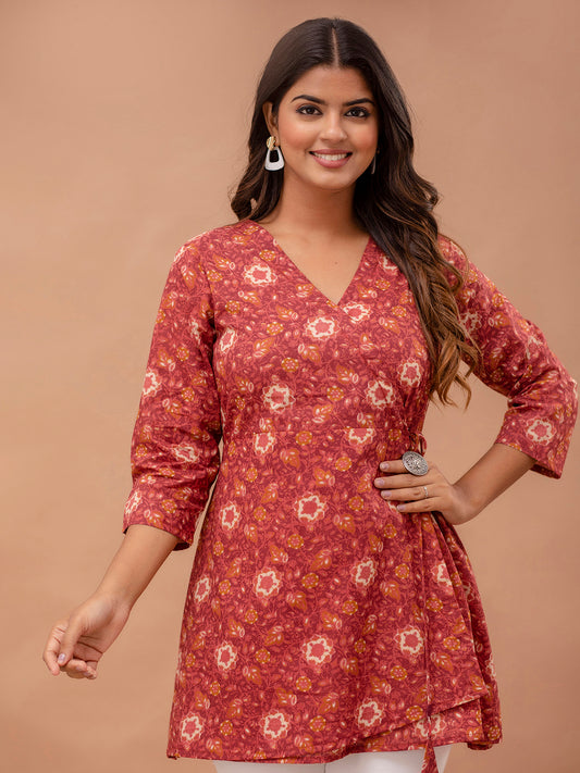 Floral Printed V-Neck Pure Cotton Angrakha A-Line Kurti FRKT6276