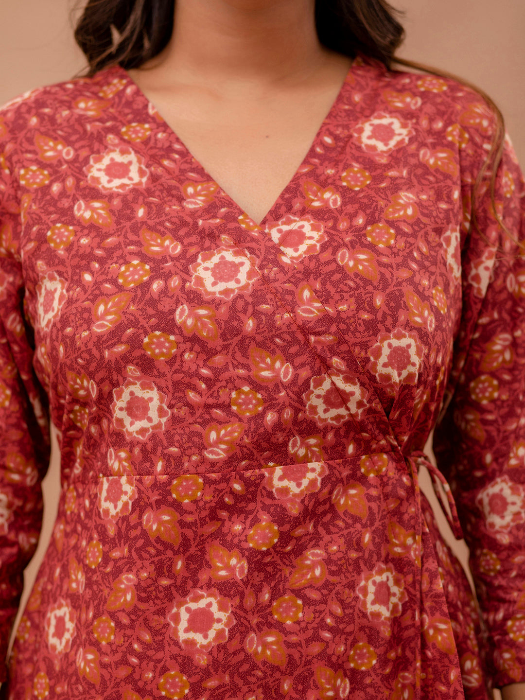 Floral Printed V-Neck Pure Cotton Angrakha A-Line Kurti FRKT6276