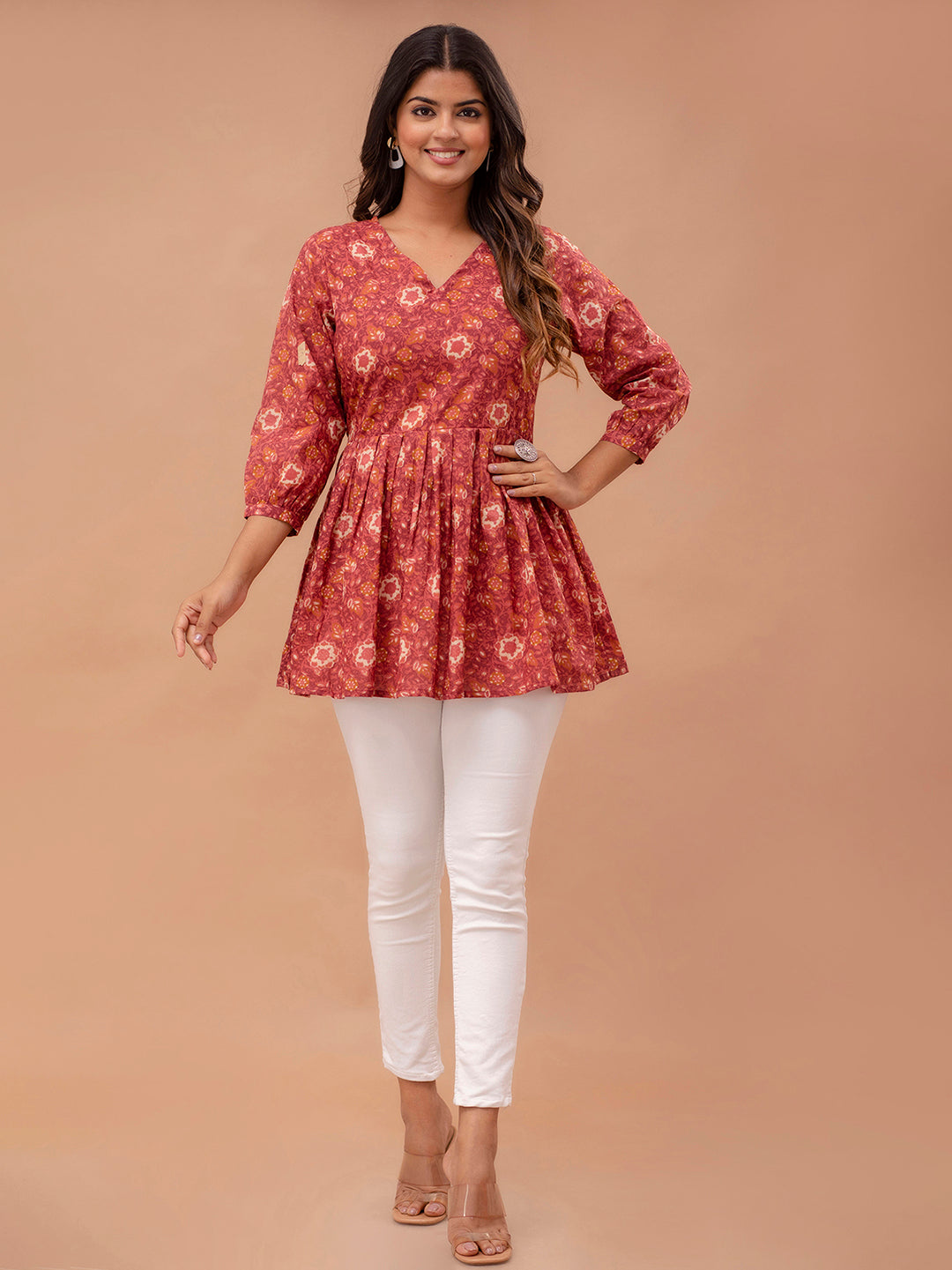 Floral Printed V-Neck Pure Cotton Pleated A-Line Kurti FRKT6298