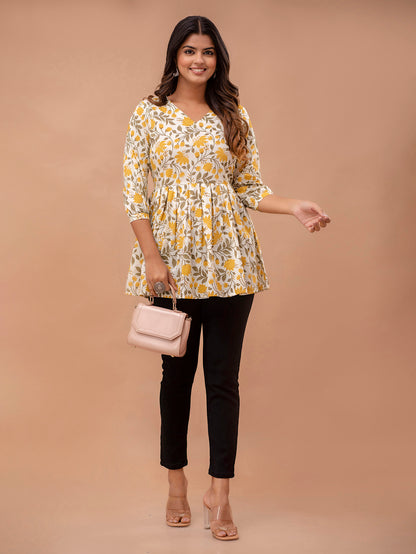 Floral Printed V-Neck Pure Cotton Pleated A-Line Kurti FRKT6299
