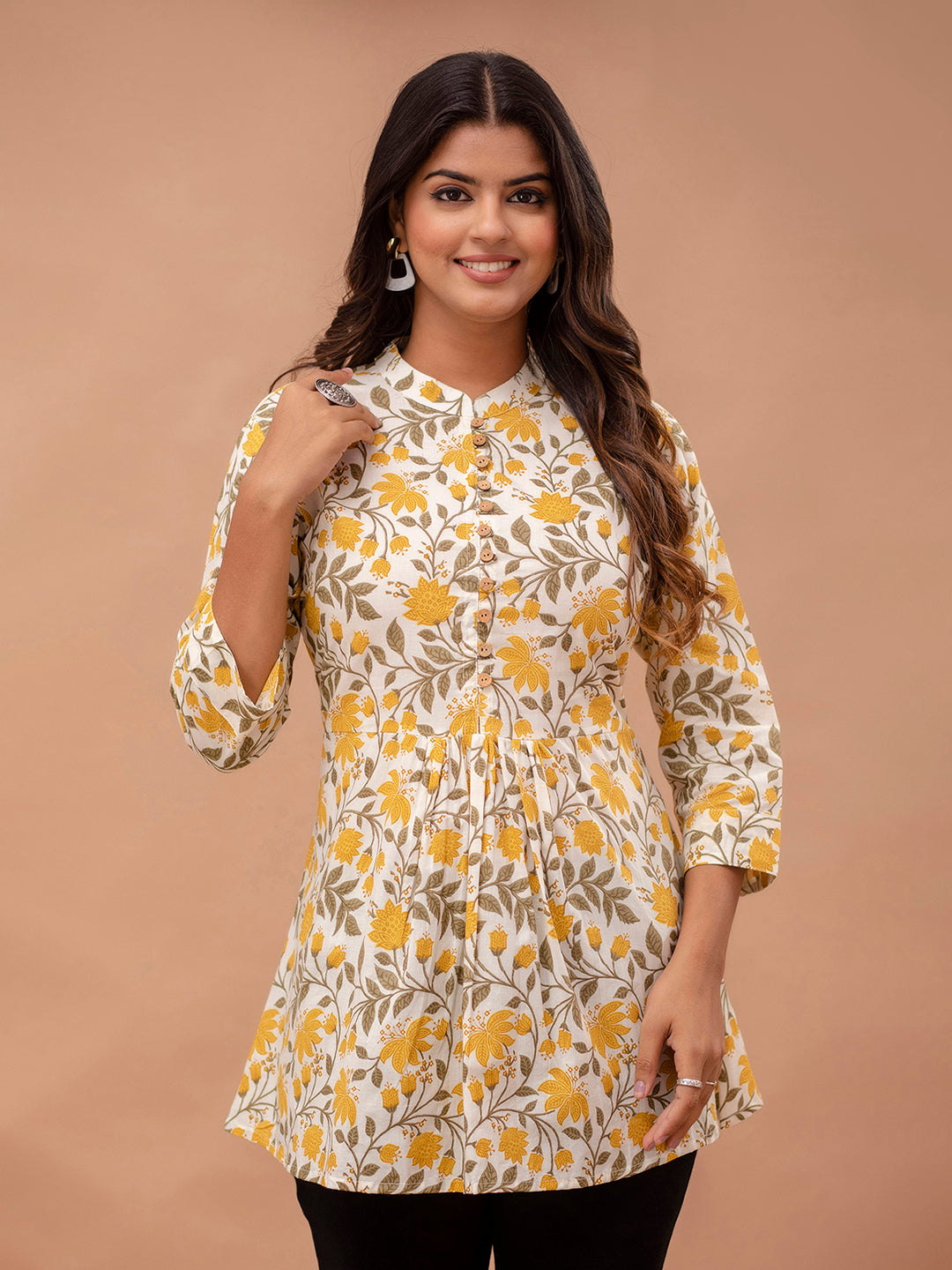 Floral Printed Pure Cotton Pleated A-Line Kurti FRKT6236