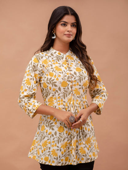 Floral Printed Pure Cotton Pleated A-Line Kurti FRKT6236