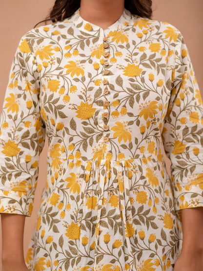 Floral Printed Pure Cotton Pleated A-Line Kurti FRKT6236