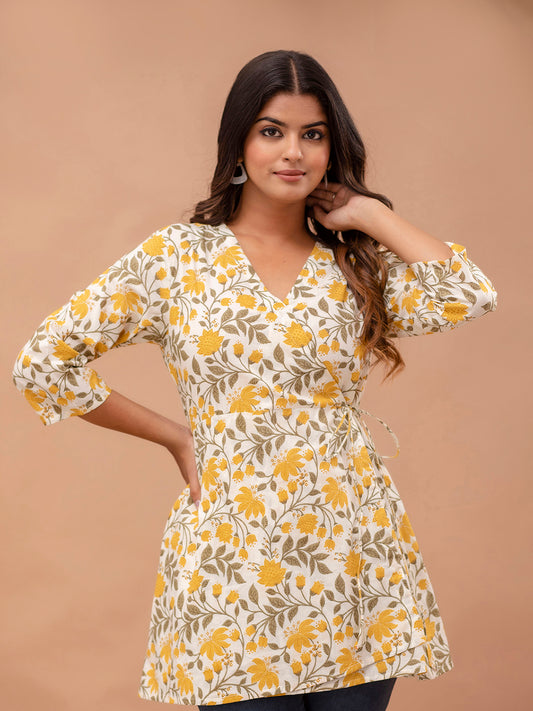 Floral Printed V-Neck Pure Cotton Angrakha A-Line Kurti FRKT6277