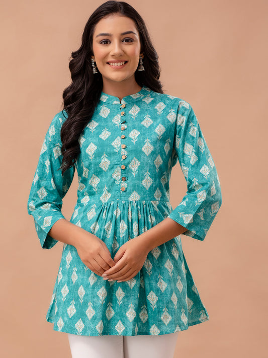 Floral Printed Pure Cotton Pleated A-Line Kurti FRKT6227