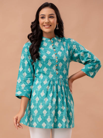 Floral Printed Pure Cotton Pleated A-Line Kurti FRKT6227