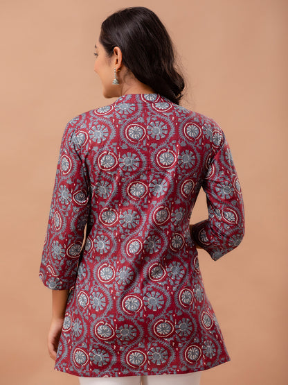 Floral Printed Pure Cotton Pleated A-Line Kurti FRKT6228