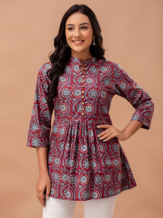 Floral Printed Pure Cotton Pleated A-Line Kurti FRKT6228