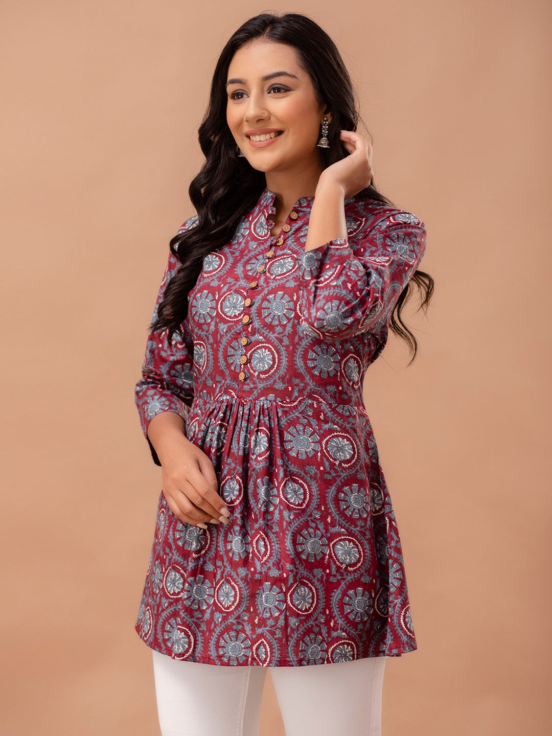 Floral Printed Pure Cotton Pleated A-Line Kurti FRKT6228