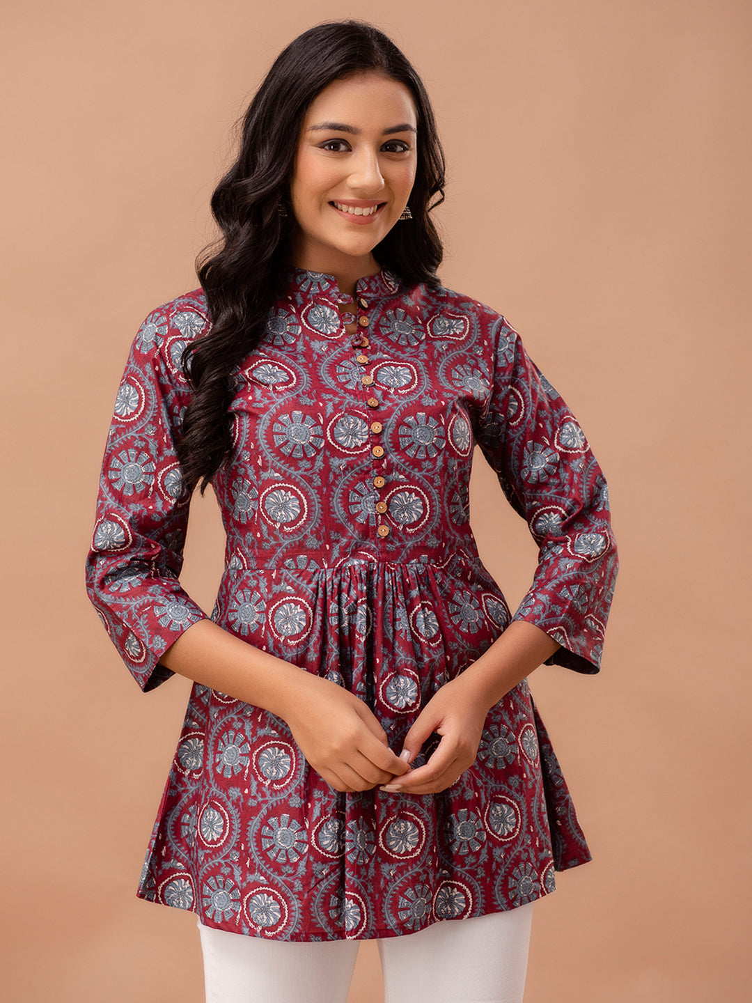 Floral Printed Pure Cotton Pleated A-Line Kurti FRKT6228