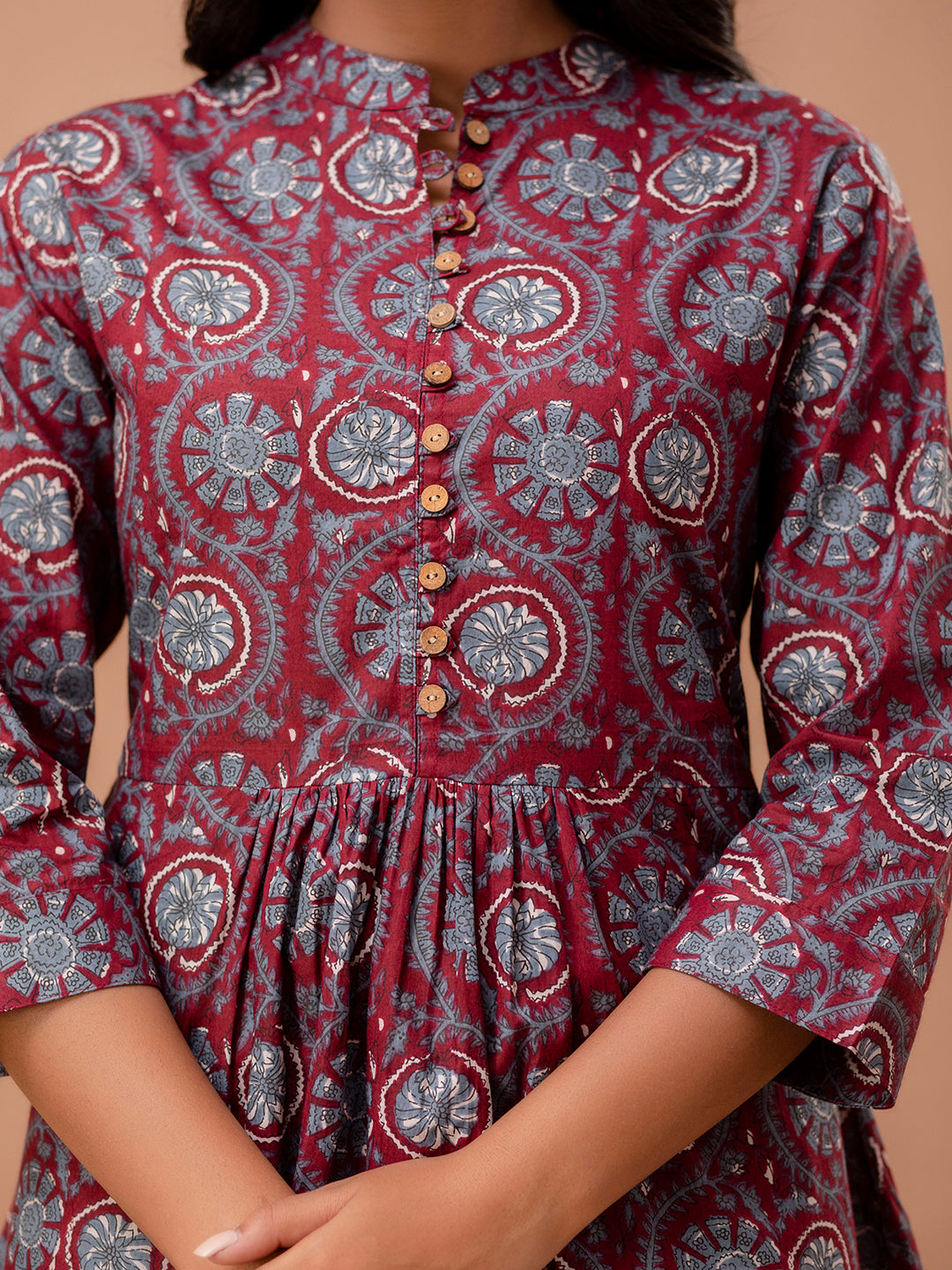 Floral Printed Pure Cotton Pleated A-Line Kurti FRKT6228