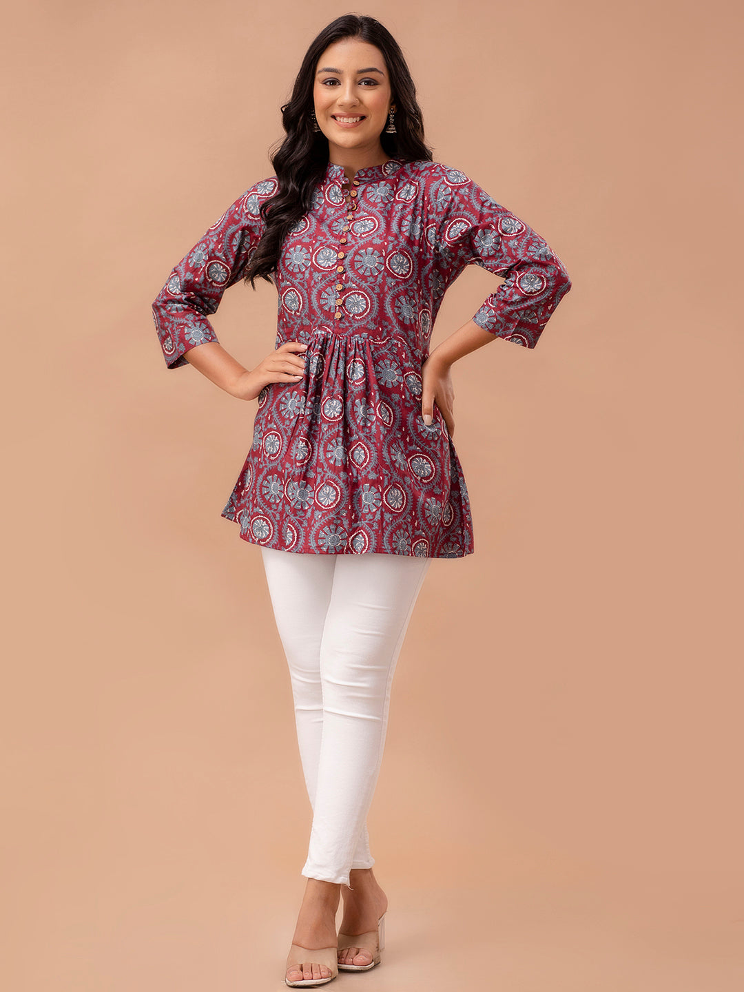 Floral Printed Pure Cotton Pleated A-Line Kurti FRKT6228