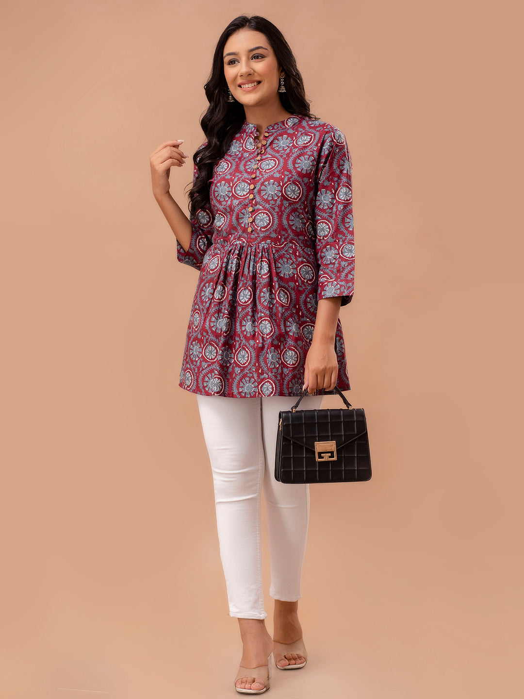 Floral Printed Pure Cotton Pleated A-Line Kurti FRKT6228