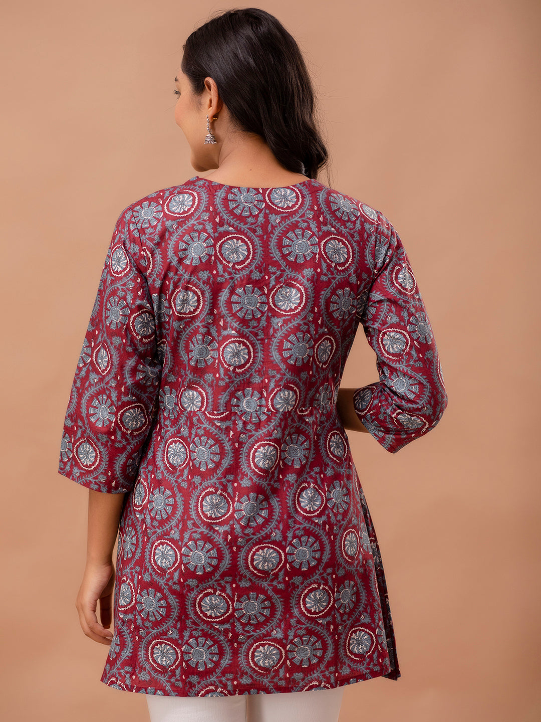 Ethnic Motifs Printed Gathers Cotton Tunic FRKT6268