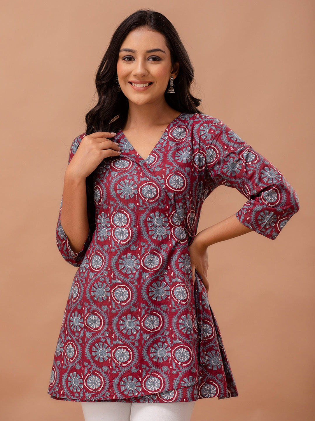 Ethnic Motifs Printed Gathers Cotton Tunic FRKT6268