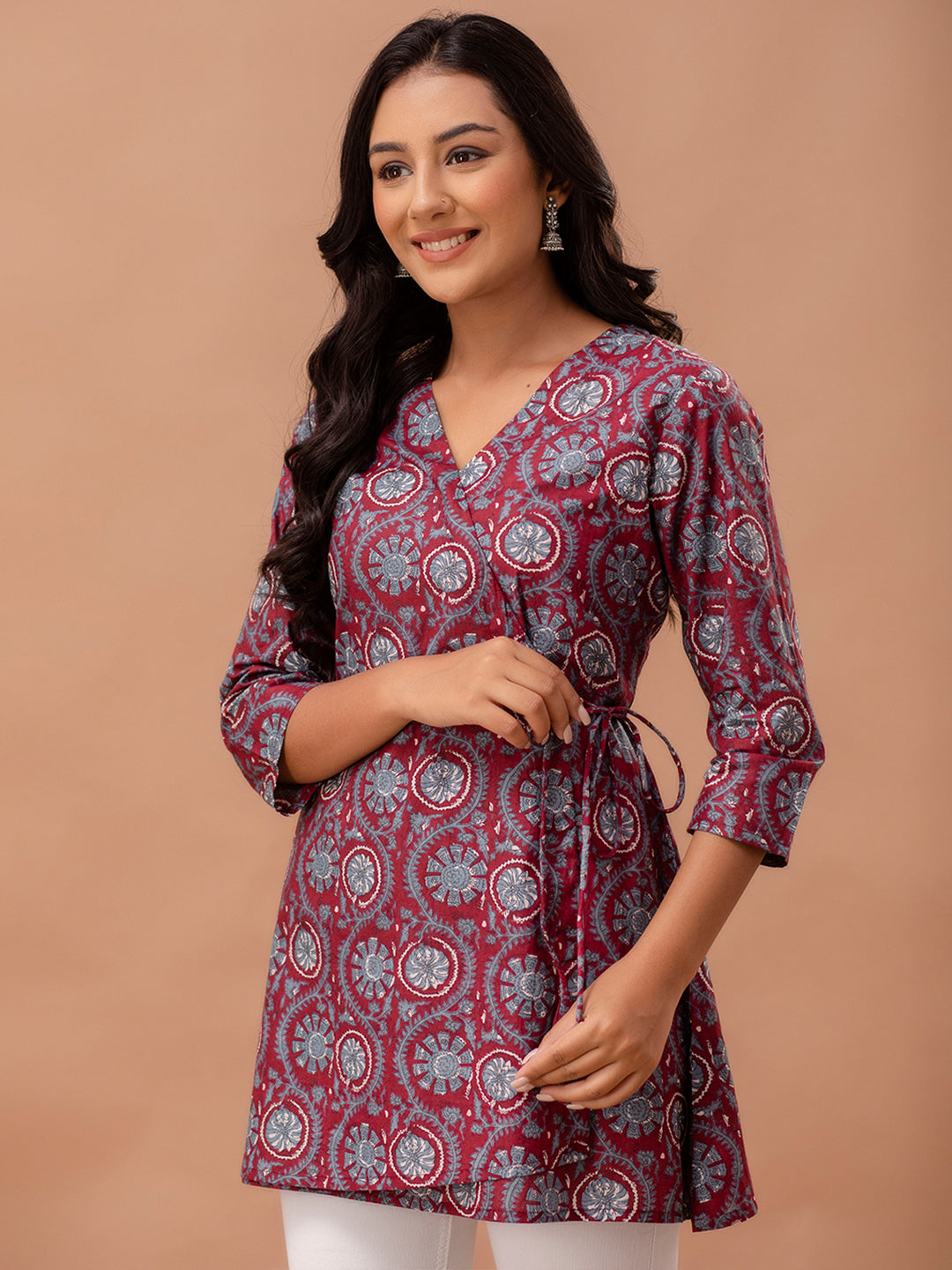 Ethnic Motifs Printed Gathers Cotton Tunic FRKT6268