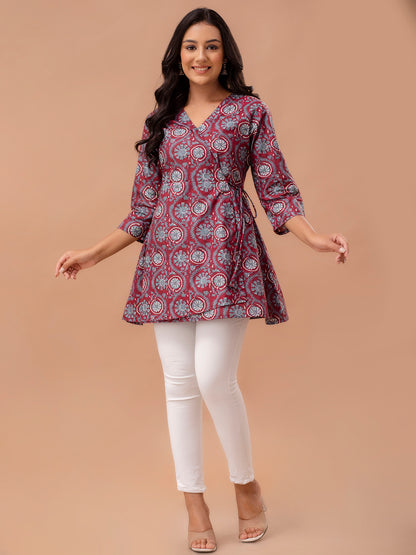 Ethnic Motifs Printed Gathers Cotton Tunic FRKT6268