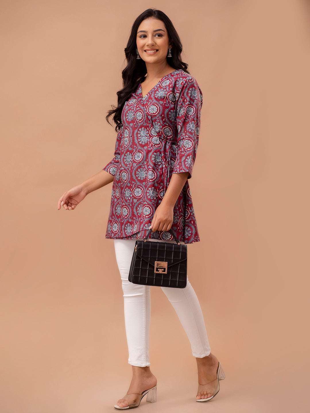 Ethnic Motifs Printed Gathers Cotton Tunic FRKT6268