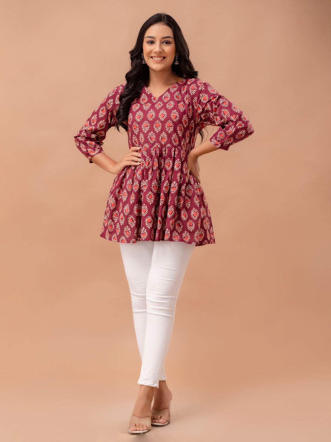 Floral Printed V-Neck Pure Cotton Pleated A-Line Kurti FRKT6289