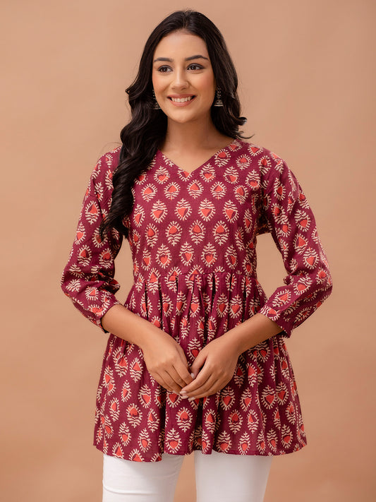 Floral Printed V-Neck Pure Cotton Pleated A-Line Kurti FRKT6289