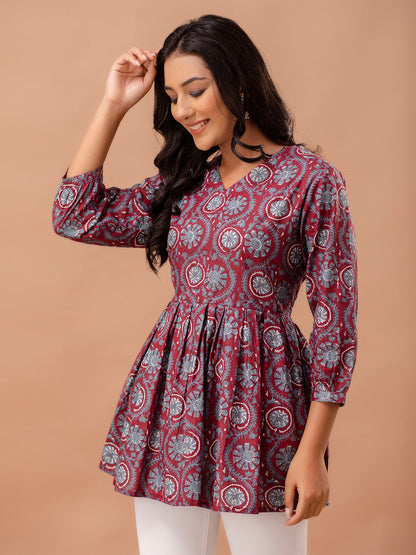 Floral Printed V-Neck Pure Cotton Pleated A-Line Kurti FRKT6290
